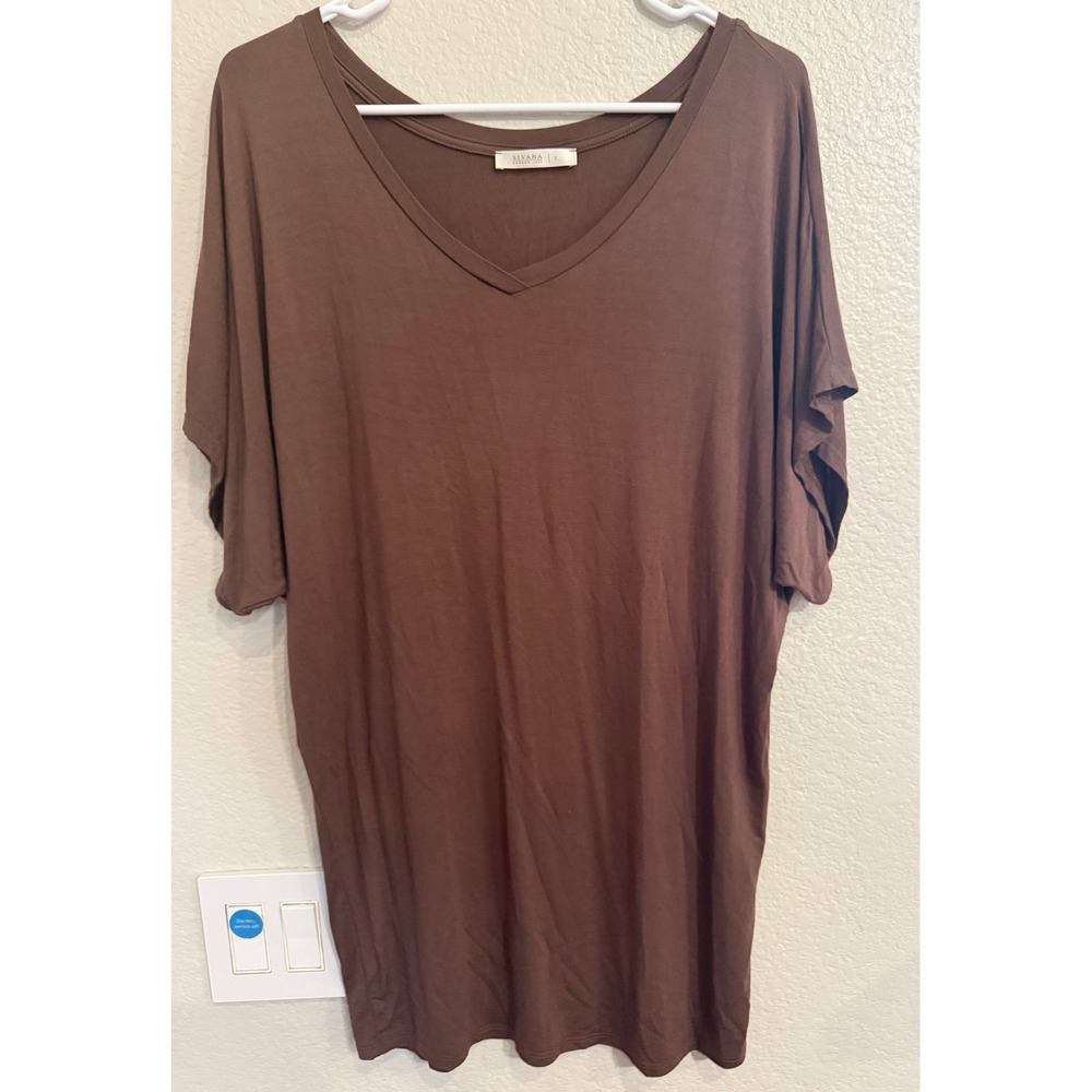 Sivana Bamboo Luxe Brown V-Neck Dolman Sleeve Tunic Top Large Womens
